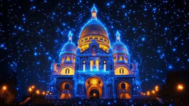 Sacre Coeur Basilica in Paris, France Decorated with Glowing Blue Dotted Network at Twilight