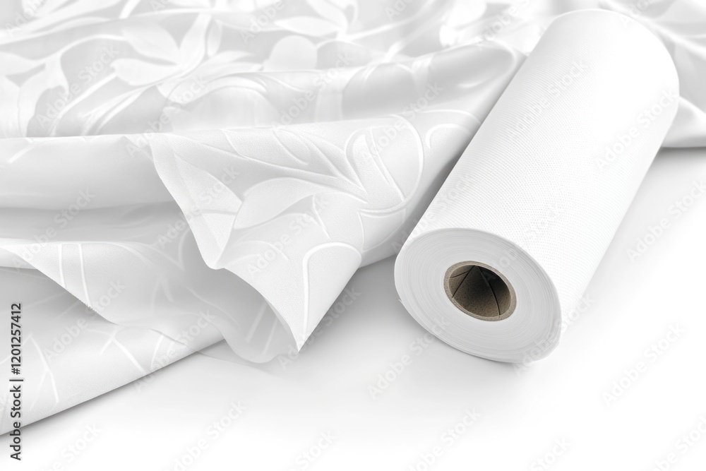 Poster a close-up shot of a rolled up piece of white fabric on a plain white background, suitable for use i