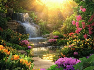 Naklejka premium Serene Waterfall Paradise: A Sunlit Garden Oasis