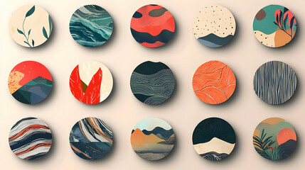 Naklejka premium A collection of round roll stickers with customizable designs, presented in a minimalist setting.
