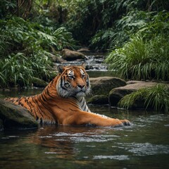 A tiger drinking water from a jungle stream surrounded by exotic plants. tiger in the river.