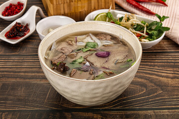 Vietnamese Pho Bo soup with beef and noodles