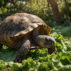 Obraz premium Close-Up of a Tortoise on Green Grass. turtle on the grass.A large tortoise is walking through a lush green field.