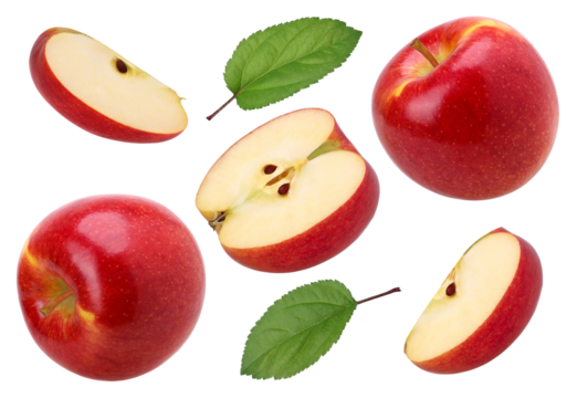 red apple (Envy Apple), half, slice and leaves isolated, fresh red apple, transparent PNG, PNG format
