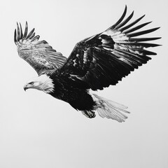 Obraz premium Soaring Bald Eagle Black and White Graphic Art Illustration of a Bird in Flight with Wings Outspread