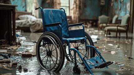 Obraz premium A blue wheelchair sits in a dirty room, suitable for use in scenes of neglect or abandonment