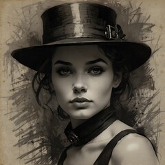 Striking portrait of a young woman wearing a stylish hat and dramatic makeup with an artistic background in muted tones. Generative AI