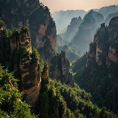 Majestic rock formations rise above a lush green valley in a breathtaking landscape at dawn. Generative AI