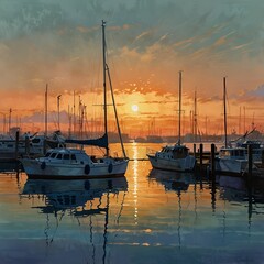 Sailboats gently bobbing in a serene harbor as the sun sets behind a vibrant orange skyline. Generative AI