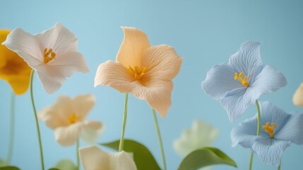 Fototapeta premium Tender Trillium flowers, pastel floral wallpaper, cotton fabric texture, delicate aesthetic effect