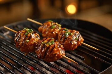 Close-up shot of juicy skewered meat sizzling on a grill, perfect for food photography or cooking inspiration