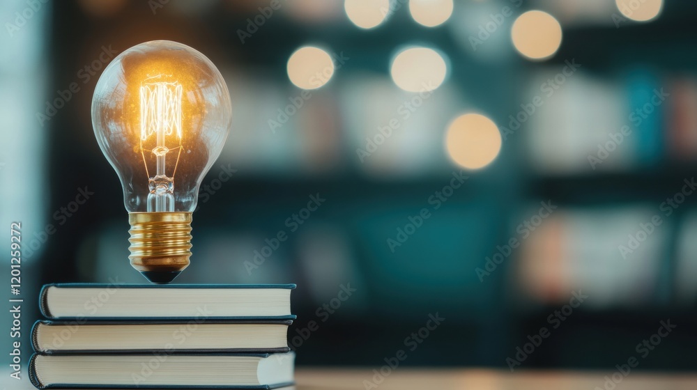 Poster a bright light bulb hovers above a neatly arranged stack of books in a tranquil reading space, creat