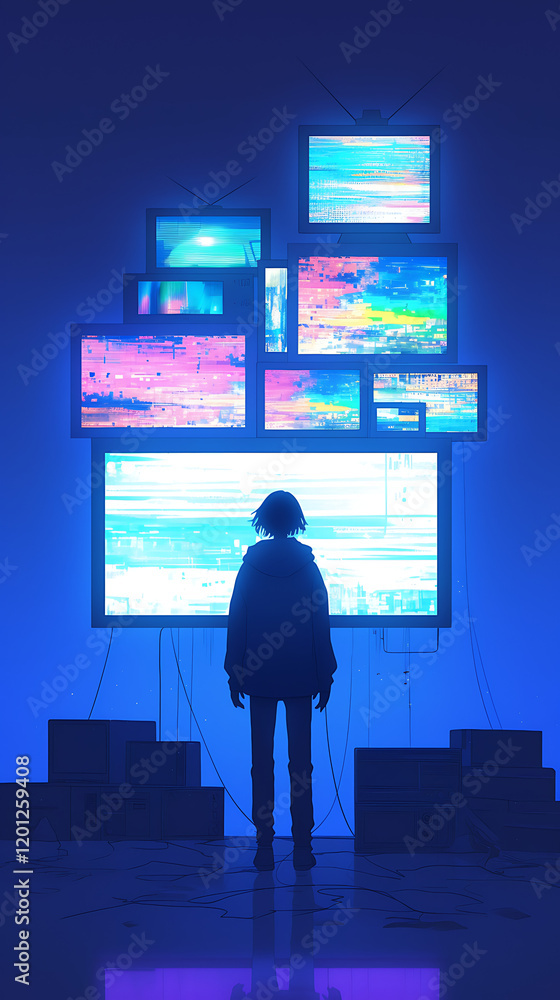 Poster a person stands in front of multiple glowing screens displaying vibrant digital art in a dark room