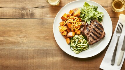 Grilled Steak with Roasted Sweet Potatoes and Zucchini Noodles: A Healthy and Delicious Meal