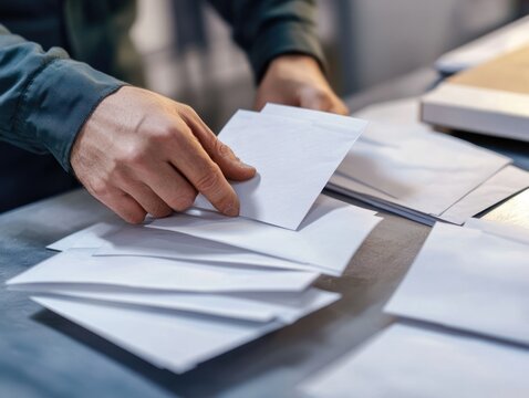 Hands sorting through several white envelopes on a table ready for sending or mailing
