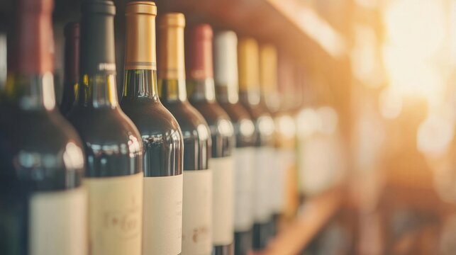 Rows of wine bottles with varying colors and labels are displayed on shelves, illuminated by soft, warm lighting in a retail setting
