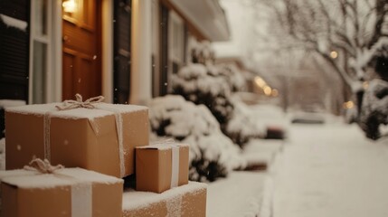 Packages delivered to a house porch in the snow on a cold winter day