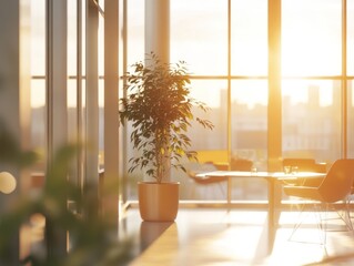 Sunlit modern office space with plant and table near large windows at sunset