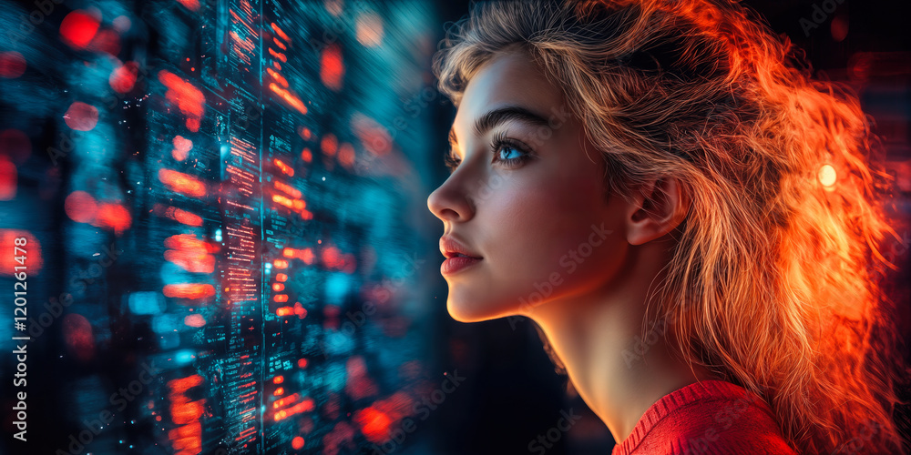 Poster futuristic digital interaction: woman engaging with interactive virtual data display