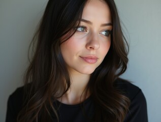 Naklejka premium Woman with long hair gazes thoughtfully while posed against a neutral background in natural light