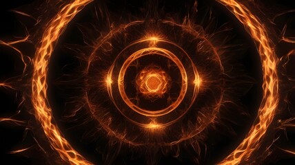 A perfectly symmetrical fire circle on a deep black backdrop, featuring intense flames with intricate details and a realistic fiery texture,Generative Ai
