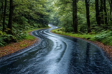Scenic Curved Road Through Lush Green Forest on a Rainy Day