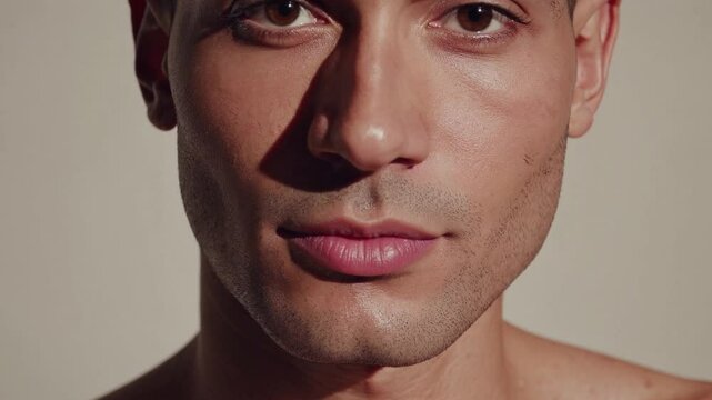 Extreme close-up of a young man with short hair and sharp facial features with trendy jaw line