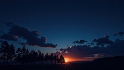 A dusky sky bathes the scene as the sun sets behind a majestic assembly of dark blue clouds, with a cluster of trees embracing the left horizon. Silhouetted against this vibrant backdrop, a line of tr