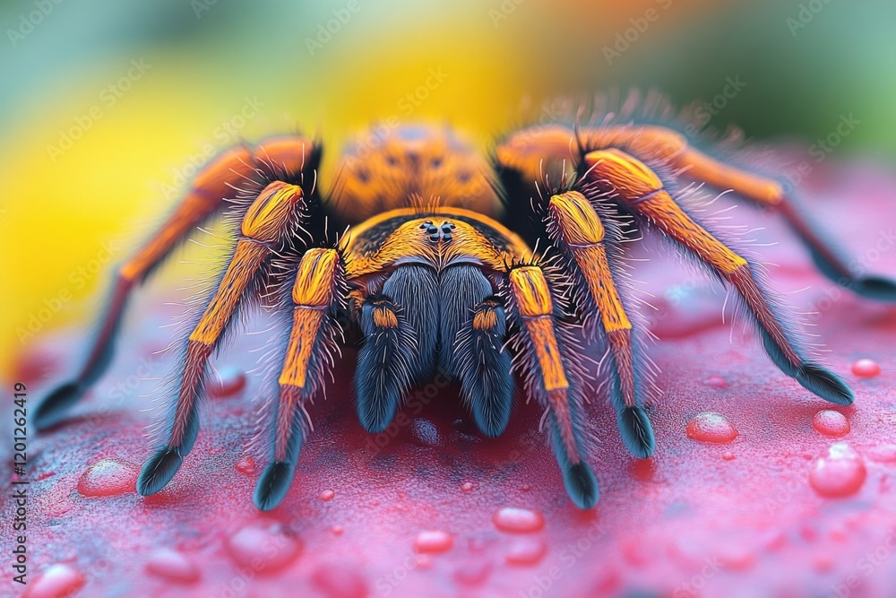 Poster a close-up view of a spider on a red surface, ideal for use in educational or scientific contexts
