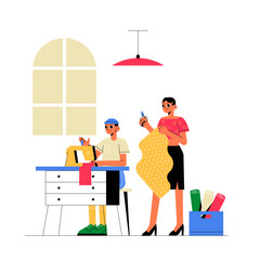 Male And Female Fashion Designers Working With Fabric In Flat Vector Illustration Symbolizing Creative Fashion Design Process, Isolated On White Background.