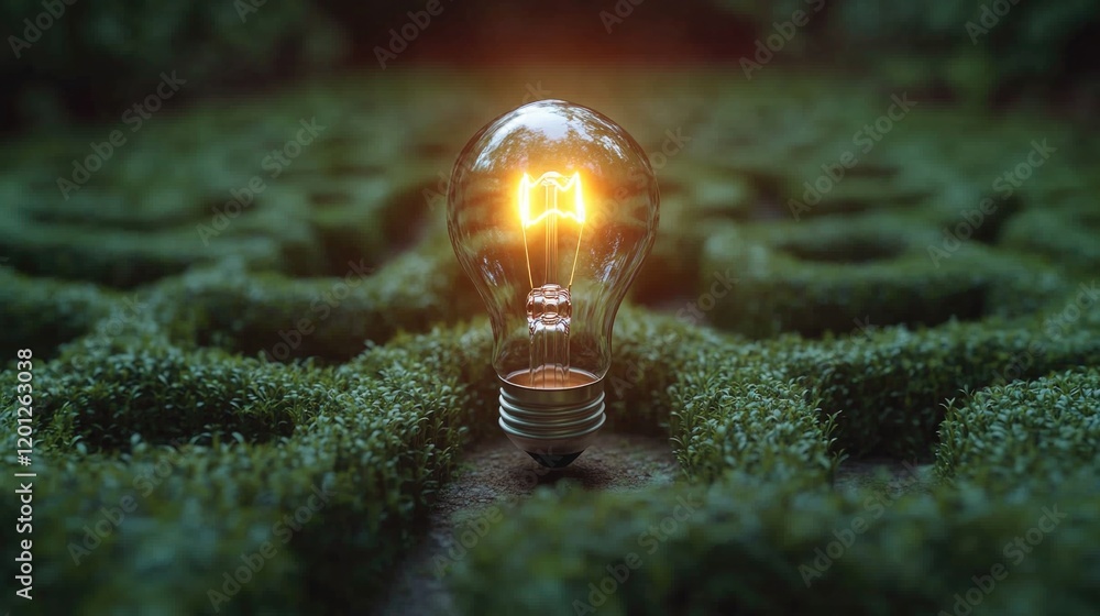 Poster A single light bulb is placed in the center of a labyrinthine maze, surrounded by darkness and unknown paths