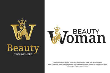 luxury initial letter  w  logo design template with face woman silhouette 