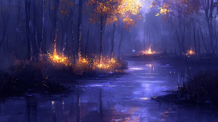 Fototapeta premium A mystical forest illuminated by radiant vines that pulse softly with golden light. Streams of glowing water flow through the forest floor, and ethereal beings with bioluminescent fur roam peacefully 