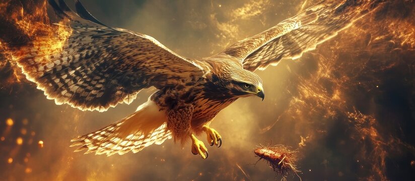 Fiery hawk in flight, hunting prey amidst golden, smoky clouds.