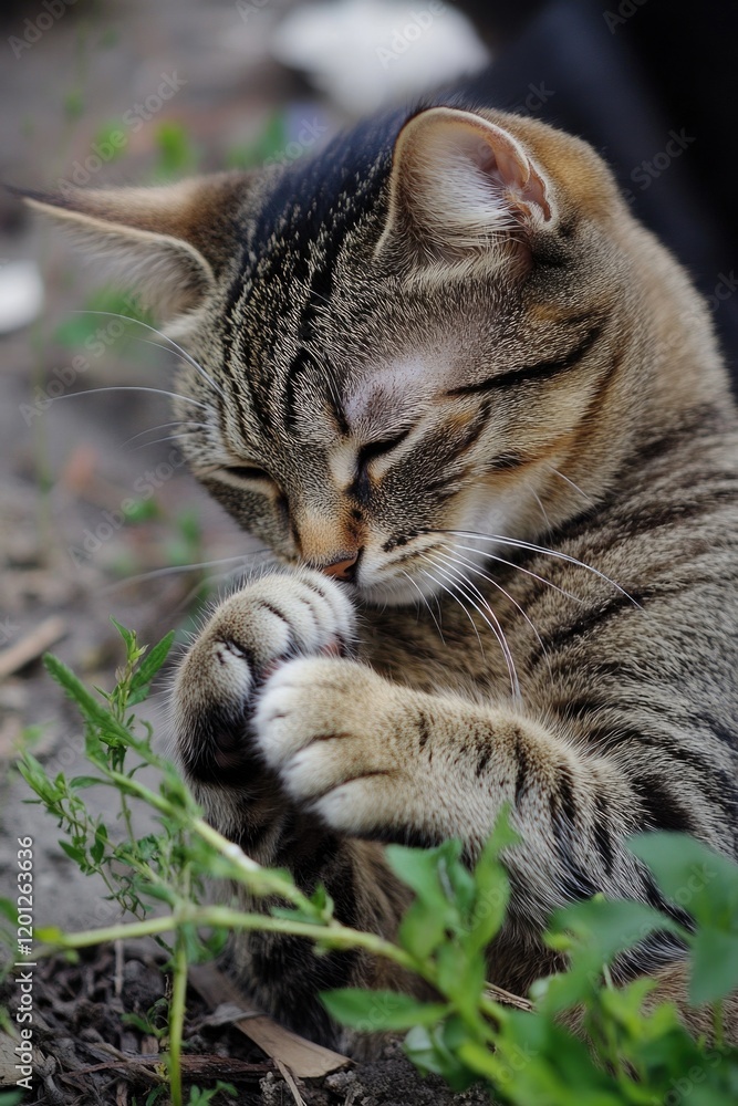 Poster a tabby cat resting on the grassy surface, possibly waiting for prey or taking a break