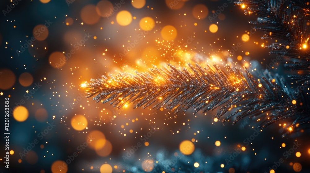 Poster A close-up shot of a pine tree branch with string lights in the background