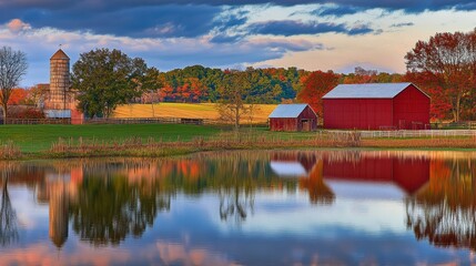 Fototapeta premium reflective fall pond, rustic farm buildings, rustic farm serenity, serene country scene, autumnal farm scene, autumnal farmhouses, colorful autumn foliage, scenic countryside autumn, peaceful rural re