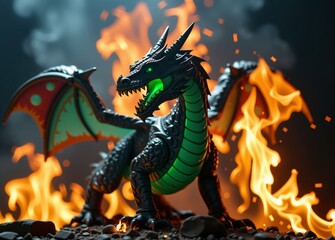 Fototapeta premium Black dragon toy spreading its wings and roaring surrounded by fire