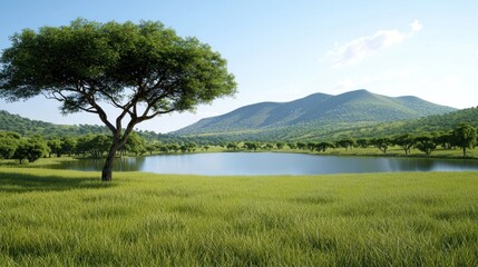 Fototapeta premium Serene landscape with lake and tree