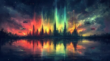 Fototapeta premium A neon-lit cyberpunk skyline reflected perfectly in a glowing river. The city’s towers pulse with vibrant colors, and flying cars zip through the sky, leaving bright trails in their wake. 