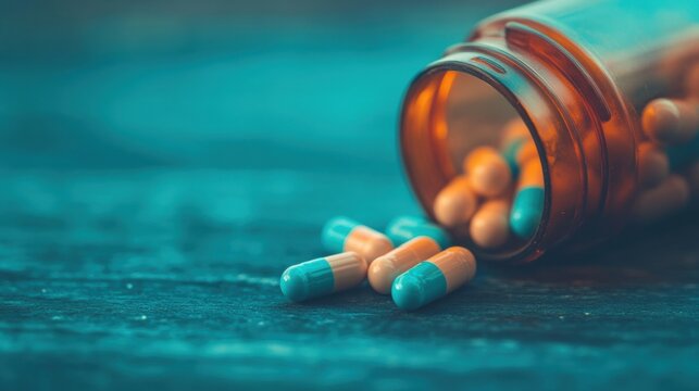 Prescription pills scattered across a wooden surface, with a bottle lying on its side under soft blue lighting, suggesting carelessness