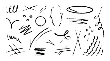 Crayon hand drawn arrow, marker lines, underlines, chalk brush scribbles, grunge texture, zig zag doodle vector sketch elements.