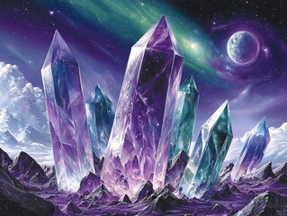 Obraz premium A serene fantasy valley filled with glowing crystal trees, each pulsing softly in hues of teal and lavender. Radiant waterfalls cascade down jagged cliffs into pools of liquid stardust, and 