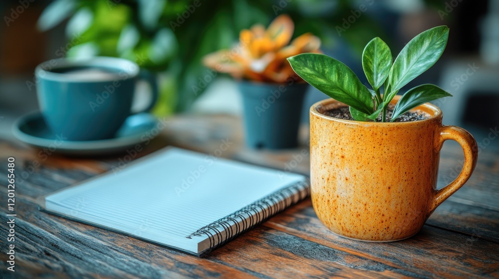 Poster a person takes a break from writing or thinking with a cup of coffee and a notebook on a table