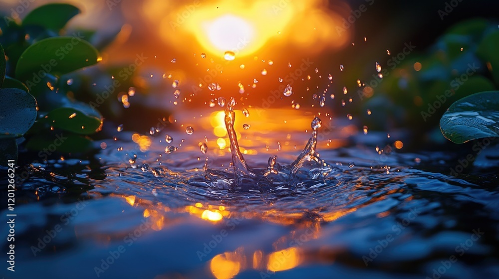 Poster a detailed view of a single water droplet suspended in a pool or lake