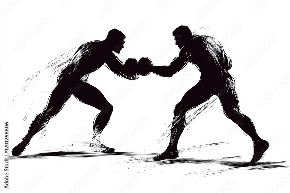 Poster two boxers in action, punching and defending with gloves on