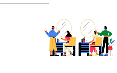 Hair Salon Scene With Male Barber And Two Female Clients In Flat Vector Illustration Symbolizing Hairstyling Services And Beauty Care, Isolated On White Background