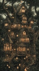 Obraz premium A tranquil volcanic island with glowing rivers of molten gold that carve intricate patterns through radiant forests. Floating lanterns drift gently above, illuminating the cliffside paths that 