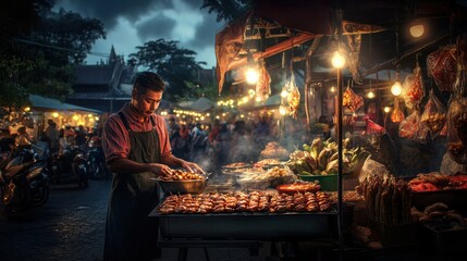 Night Market Vendor Cooking Chicken Kebabs Outdoors