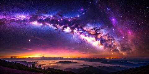 Fototapeta premium Majestic Purple Nebula: Aerial Night View of the Milky Way Galaxy